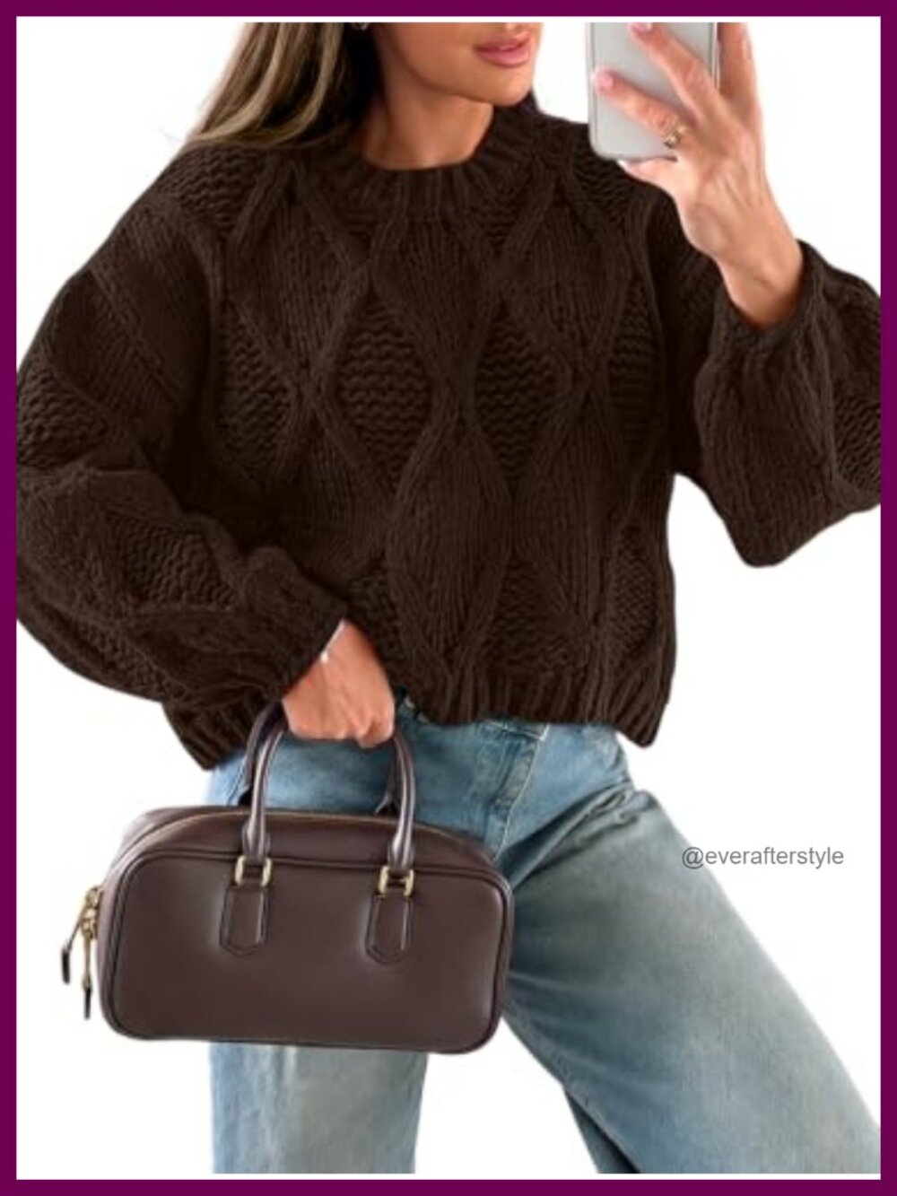 Women's Chunky Cable Knit Cropped Sweater Long Sleeve Crew Neck Pullover